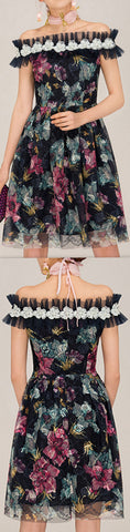 Floral-Appliques Mesh Dress