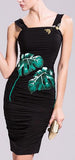 Banana Leaf Embroidered, Bee Embellished Ruched Fitted Dress in Black - DESIGNER INSPIRED FASHIONS