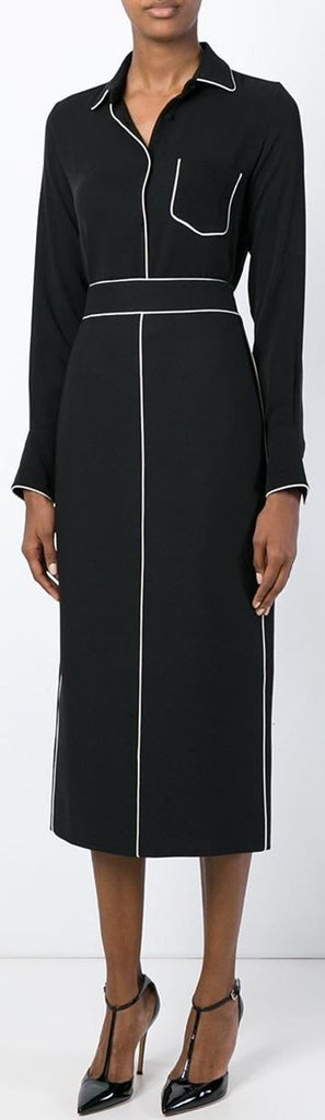 Black with White Piping Silk Blouse & Skirt Set - DESIGNER INSPIRED FASHIONS