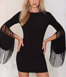 Fringed Sleeves Backless Bandage Dress in Black - DESIGNER INSPIRED FASHIONS