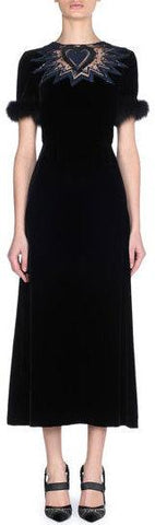 Short-Sleeve Fur Cuffs Velvet Midi Cocktail Dress with Heart Embroidery