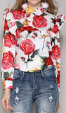 Roses Print Ruffle-Bib Blouse, Light Blue