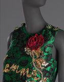 Emerald Green Brocade Dress with Sequined Rose & Writing - DESIGNER INSPIRED FASHIONS