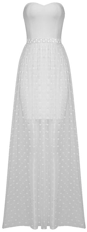 Strapless Bandage Polka Dot Tulle Gown, White