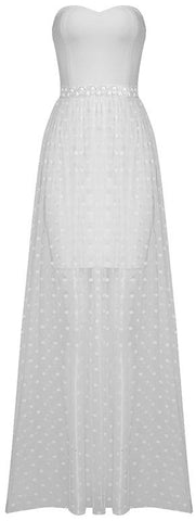 Strapless Bandage Polka Dot Tulle Gown, White