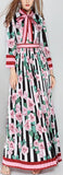 Floral & Stripe Print Pleated Maxi Dress
