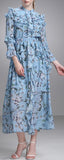 Printed Ruffled Silk Midi Dress in Blue - DESIGNER INSPIRED FASHIONS