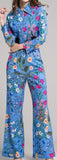 Printed Cropped Jacket & Pant Set-Blue