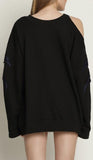 Wing-Embroidered Cold-Shoulder Sweatshirt, Black