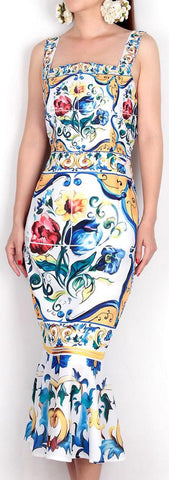 'Majolica' Print Mermaid Hem Midi Dress - Multi Color - DESIGNER INSPIRED FASHIONS
