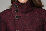 Side Embellished-Button Wool-Blend Coat, Wine Red