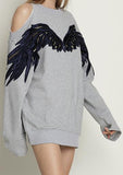 Wing-Embroidered Cold-Shoulder Sweatshirt, Grey