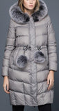 Thick Puffer Coat with Fur Trim Hood and Pom Poms, Grey