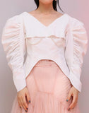Ruched Puff-Sleeve Pearl-Embellished Top