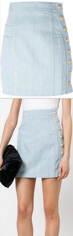 Denim Mini Skirt with Gold Button Embellishments - DESIGNER INSPIRED FASHIONS