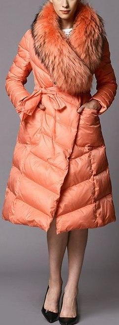 Puffer Coat with Removable Fur Collar, Peach/Orange