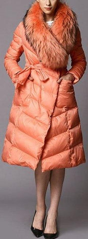 Puffer Coat with Removable Fur Collar, Peach/Orange