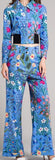 Printed Cropped Jacket & Pant Set-Blue
