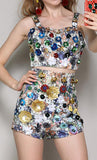 Floral-Appliques Bustier Top & High-Waist Short Set