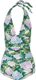Ruched Hydrangea Printed Halterneck Swimsuit