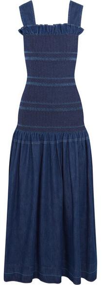 Ruffled Smocked Denim Maxi Dress - DESIGNER INSPIRED FASHIONS