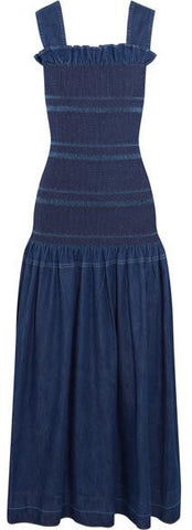 Ruffled Smocked Denim Maxi Dress - DESIGNER INSPIRED FASHIONS