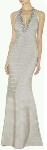 'Geena' Beaded V-Neck Halter Bandage Gown - Grey - DESIGNER INSPIRED FASHIONS