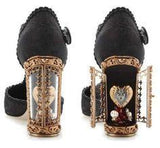 Black Embellished Sacred Heart Brocade Heeled Shoes - DESIGNER INSPIRED FASHIONS