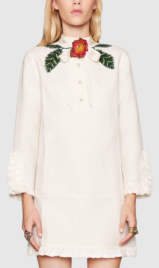 Leaf Embroidered Ruffle Dress - DESIGNER INSPIRED FASHIONS