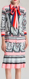 Printed Pussy-Bow Shirt & Pleated Printed Skirt Set
