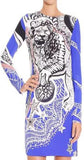 Lion Print Jersey Silk Dress in Blue - DESIGNER INSPIRED FASHIONS