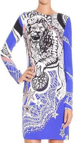 Lion Print Jersey Silk Dress in Blue - DESIGNER INSPIRED FASHIONS