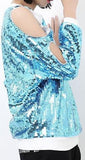 Sequin Embellished Cold-Shoulder Sweatshirt in Blue - DESIGNER INSPIRED FASHIONS
