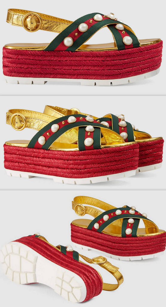 Metallic Leather Pearl-Studded Platform Sandals - DESIGNER INSPIRED FASHIONS