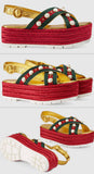 Metallic Leather Pearl-Studded Platform Sandals - DESIGNER INSPIRED FASHIONS