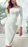 Bell-Sleeve Fitted Dress, White - DESIGNER INSPIRED FASHIONS