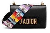 J'adior Flap Bag in Black Leather with Multi-Coloured Strap