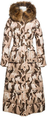 Paneled Puffer Coat with Removable Fur, Camouflage