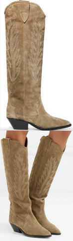 'Denzy' Embroidered Suede Knee Boots, Tan