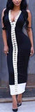 Lace-Up Bodycon Bicolor Dress, Black & White - DESIGNER INSPIRED FASHIONS