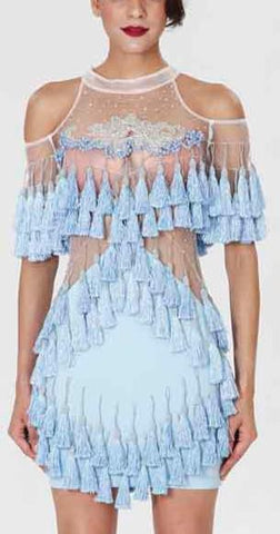 'Abigail' Fringe & Bead Embellished Dress-Light Blue - DESIGNER INSPIRED FASHIONS