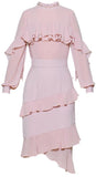 Embellished-Collar Asymmetrical Ruffle Dress