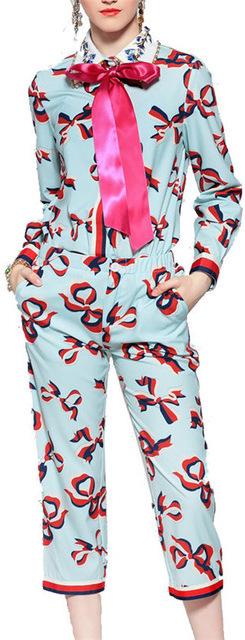 Bow-Printed Matching Shirt & Pant Set