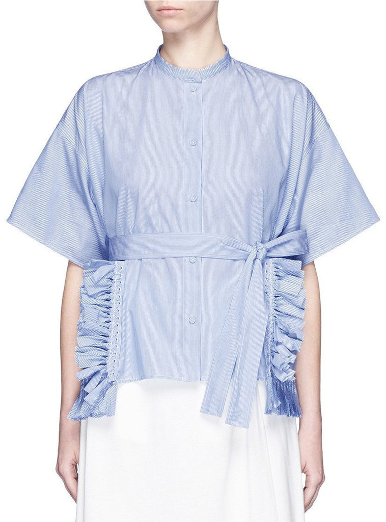 Ribbon Tie Fringe Trim Split Shirt - DESIGNER INSPIRED FASHIONS