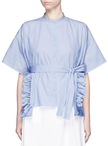 Ribbon Tie Fringe Trim Split Shirt - DESIGNER INSPIRED FASHIONS