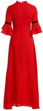 Piping-Contrast Ruffled Red Maxi Dress - DESIGNER INSPIRED FASHIONS