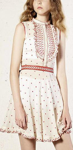 Scalloped-Bib Polka Dot Mini Dress