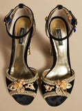 Black Velvet Sandal with Sculptural Heel & Embroidery - DESIGNER INSPIRED FASHIONS