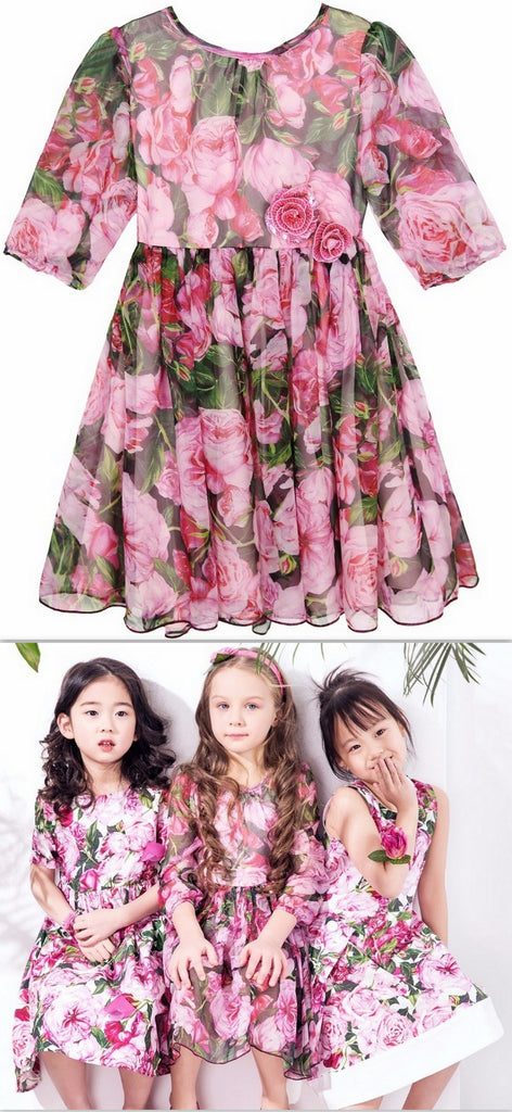 Floral Print Silk Dress with Appliques