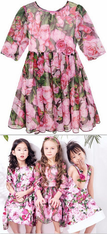Floral Print Silk Dress with Appliques